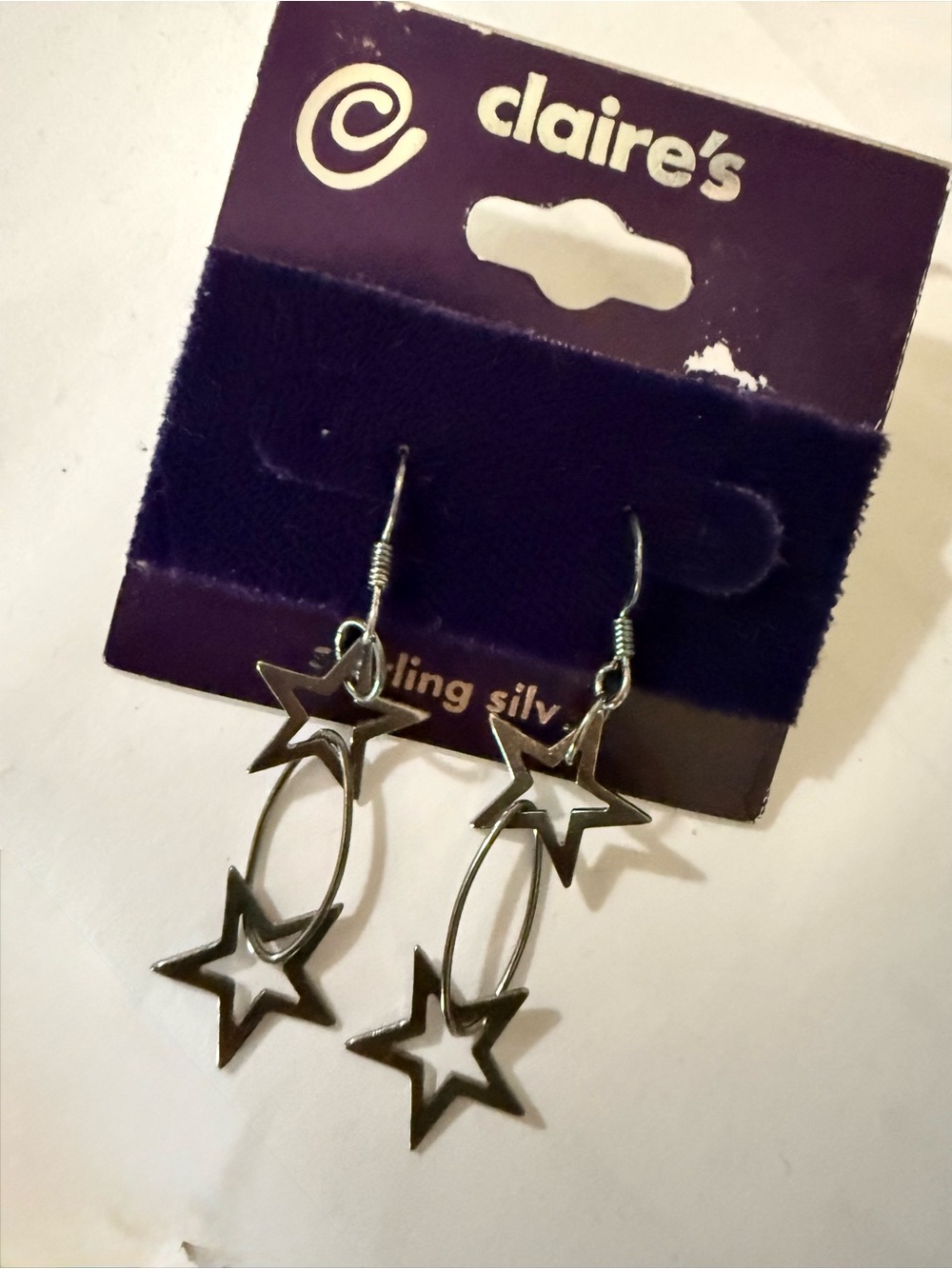 Vintage Y2K Claire's Sterling Silver Double
Star Dangle Earrings - New on Card